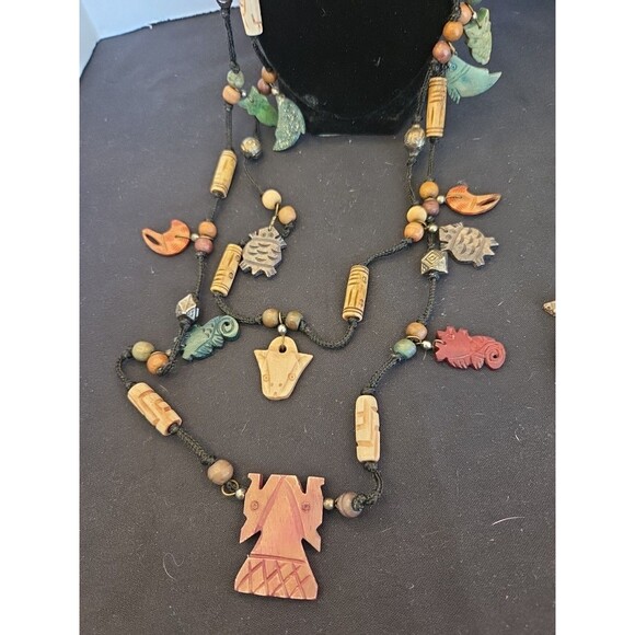 Soapstone & Metal Long Necklace Animal Carvings 32", 7" Carved Bracelet, India - Picture 3 of 4